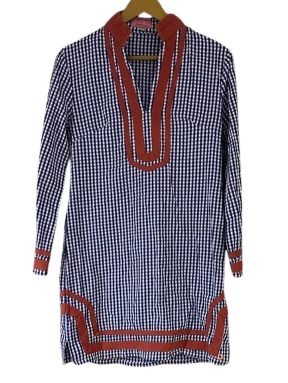 Castaway Nantucket Tunic Dress Blue Gingham Rust Trim Preppy Coastal resort